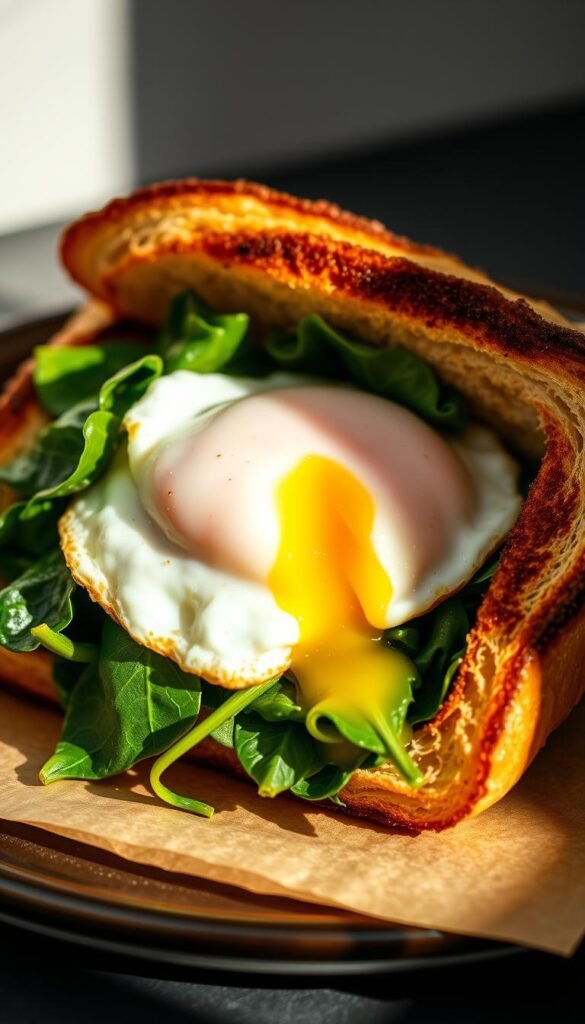 A delectable spinach and egg breakfast sandwich, nestled between two slices of golden toasted bread. The spinach leaves are vibrant and fresh, lightly sautéed to perfection. A perfectly cooked egg, with a soft, runny yolk, sits atop the spinach, oozing with savory goodness. The edges of the bread are lightly crisped, casting warm, tantalizing shadows. Soft natural lighting illuminates the scene, creating a comforting, inviting atmosphere. The composition is balanced, with the sandwich positioned centrally, allowing the viewer to focus on the delicious details. This hearty, nutritious meal prep sandwich is a nourishing and satisfying start to a busy day.