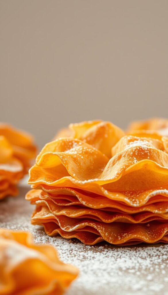 A delicate and flaky golden-brown phyllo pastry, freshly baked and glistening under soft, warm lighting. The layers of tissue-thin dough are meticulously stacked, creating a beautiful, intricate pattern that catches the eye. In the foreground, the pastry's crisp, shattered texture invites the viewer to imagine the satisfying crunch with each bite. The middle ground features a subtle dusting of powdered sugar, adding a touch of sweetness and a delicate, snowy contrast to the rich pastry. In the background, a neutral, minimalist setting allows the star of the scene - the phyllo - to shine. The overall mood is one of artisanal craftsmanship, fall-inspired warmth, and the promise of a decadent, bakery-quality dessert.