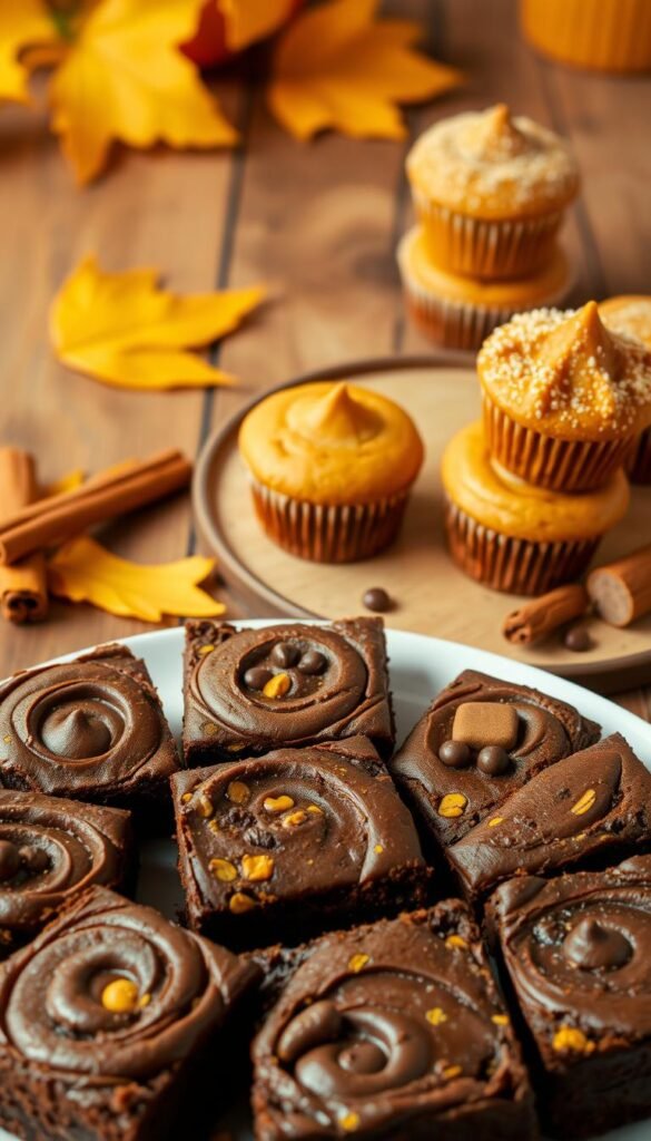 A delightful and tempting arrangement of freshly baked pumpkin chocolate treats, nestled amidst a cozy autumn setting. In the foreground, a platter showcases an assortment of moist, decadent pumpkin-infused brownies, their rich chocolate swirls and speckled pumpkin flecks enticing the senses. In the middle ground, a stack of soft, pillowy pumpkin spice cupcakes, their tops dusted with a light coating of cinnamon sugar, stand ready to be savored. The background features a warm, rustic wooden table, adorned with golden fall leaves and a scattering of cinnamon sticks, evoking the comforting essence of the season. Soft, diffused lighting casts a cozy glow, heightening the autumnal ambiance and highlighting the tempting pumpkin-chocolate fusion.