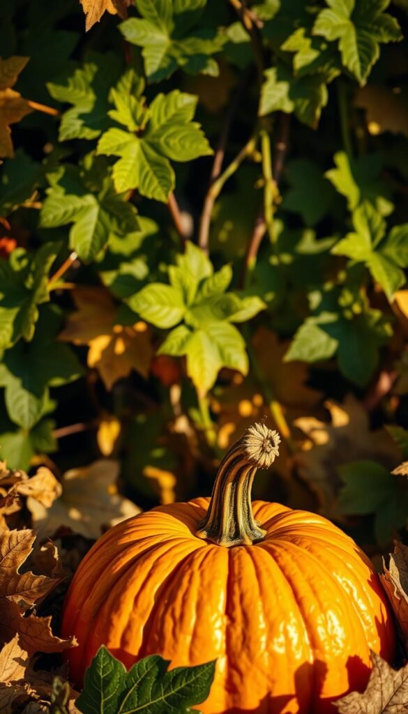 A delightful pumpkin nestled amidst autumnal foliage, its vibrant orange hue aglow in warm afternoon light. The pumpkin occupies the foreground, its intricate ridges and stem casting intriguing shadows. In the middle ground, lush green leaves and vines intertwine, creating a harmonious backdrop. The image has a cozy, rustic atmosphere, evoking the comforting flavors of fall. Soft, diffused lighting illuminates the scene, highlighting the pumpkin's tactile texture and natural beauty. The overall composition is balanced and visually appealing, capturing the essence of a pumpkin-centric fall dish.