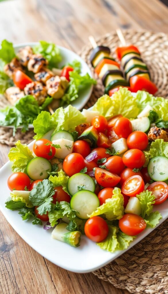 A fresh, vibrant salad featuring a variety of colorful ingredients arranged in an appetizing display. In the foreground, an assortment of crisp lettuce leaves, juicy cherry tomatoes, crunchy cucumber slices, and fragrant herbs are neatly arranged on a white ceramic plate. The middle ground showcases skewers of grilled chicken and crisp vegetables, such as bell peppers and zucchini, creating a balance of protein and greens. The background features a rustic wooden table with a woven placemat, creating a warm, earthy atmosphere. Soft, natural lighting casts a gentle glow, highlighting the freshness and vibrancy of the salad. The overall composition conveys a sense of balance, health, and inviting simplicity, perfect for a tailgate or holiday gathering.