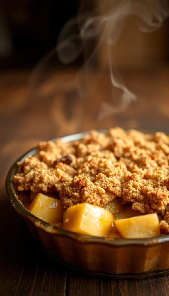A freshly baked apple crisp dessert sits on a rustic wooden table, the golden-brown crumble topping glistening under the warm, soft lighting. The apples beneath are tender and fragrant, complemented by a cinnamon-spiced filling. Delicate steam rises from the dish, creating a cozy, inviting atmosphere. The scene is captured from a low angle, emphasizing the comforting, homemade appeal of this classic autumn treat. The background is blurred, allowing the crisp to be the focal point, drawing the viewer's attention to the mouthwatering details.