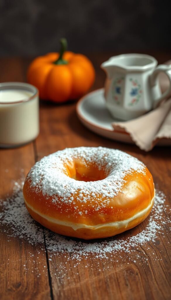 A freshly baked doughnut, its golden-brown exterior glistening under a warm, soft lighting. A dusting of powdered sugar delicately adorns the surface, creating a tantalizing contrast. In the background, a rustic wooden table is set with a vintage-inspired ceramic plate, a small pitcher of milk, and a simple linen napkin, evoking a cozy, homey atmosphere. The composition is framed by a softly blurred, ambient background, allowing the doughnut to take center stage. The overall scene captures the inviting and comforting essence of a morning pastry, perfectly suited for a cozy fall breakfast or a leisurely holiday brunch.