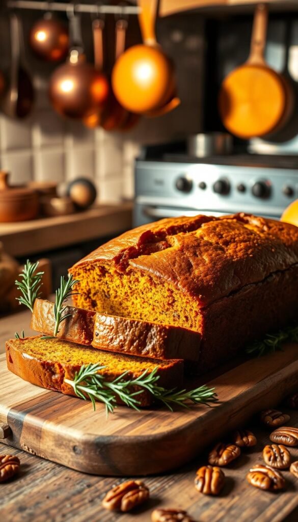 A freshly baked pumpkin loaf, its golden-brown crust glistening under warm, natural lighting. The loaf is centered on a rustic wooden cutting board, surrounded by sprigs of fresh rosemary and a scattering of toasted pecans. In the background, a cozy kitchen scene unfolds, with copper pots and pans hanging from a wrought-iron rack and a glimpse of a vintage oven. The overall atmosphere is one of autumn comfort and homespun charm, inviting the viewer to imagine the rich, spiced aroma and satisfying texture of this pumpkin-forward baked treat.