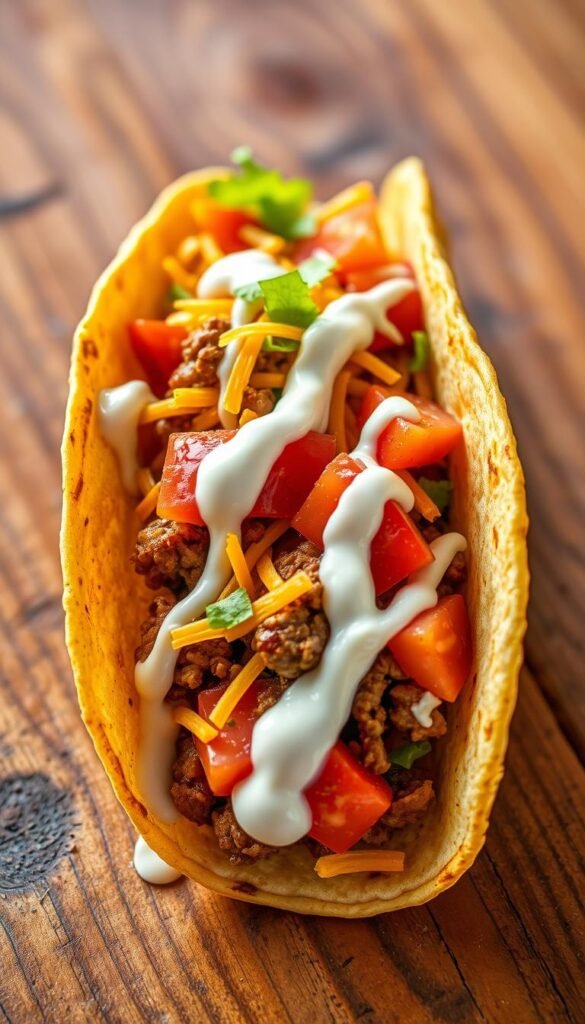 A freshly prepared taco, its shell a golden-brown crunch, filled to the brim with seasoned ground beef, tangy shredded cheddar cheese, crisp lettuce, and diced tomatoes. The taco is drizzled with a creamy, zesty sour cream sauce, casting a mouthwatering glow in the warm, soft lighting. The camera angles showcase the taco's handheld portability, ready to be easily picked up and enjoyed at a tailgate or holiday party. The background is a rustic wooden surface, evoking a casual, inviting atmosphere perfect for sharing flavorful Tex-Mex delights.