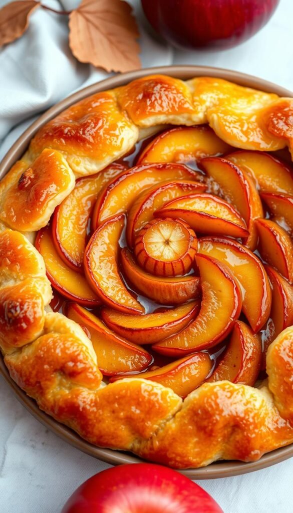 A golden-brown, flaky pastry crust, glistening with caramelized apple slices, sits atop a shallow ceramic dish. The apples are arranged in a symmetrical spiral, their warm, autumnal hues contrasting beautifully with the deep amber caramel sauce. Soft lighting casts a gentle glow, highlighting the intricate texture of the pastry and the succulent, juicy apples. The composition is balanced and visually striking, capturing the elegance and deliciousness of a classic tarte tatin. The overall scene evokes a cozy, inviting atmosphere, perfect for a fall gathering or a quiet moment of indulgence.
