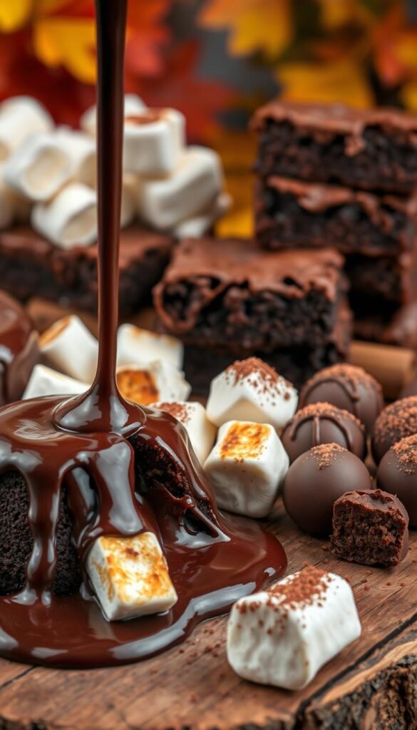 A mouth-watering assortment of rich, decadent chocolate treats, arranged artfully on a rustic wooden surface. In the foreground, a melted chocolate drizzle cascades over a gooey, molten chocolate lava cake, its dark, glossy exterior contrasting with the soft, indulgent interior. Surrounding it, an array of tempting chocolate-dipped marshmallows, toasted to a golden perfection, and bite-sized chocolate truffles dusted with cocoa powder. In the middle ground, a stack of warm, fudgy brownies, their crisp tops giving way to a moist, chocolatey crumb. The background features a backdrop of autumn foliage, hinting at the cozy, indulgent nature of this fall-inspired chocolate extravaganza. Warm, soft lighting illuminates the scene, creating an atmosphere of irresistible decadence.