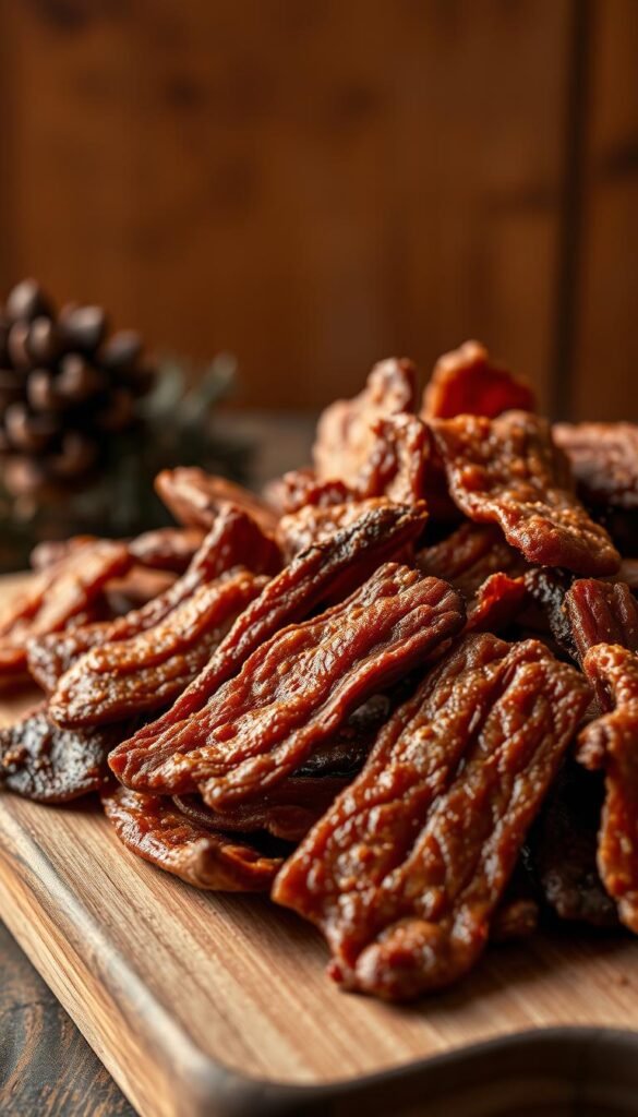 A mouthwatering close-up shot of golden-brown beef jerky pieces, their rugged texture and smoky aroma emanating from a simple wooden board set against a warm, rustic backdrop. Soft, indirect lighting casts gentle shadows, highlighting the intricate striations and jerky's caramelized surface. The jerky appears freshly made, with a subtle hint of seasoning that promises a savory, satisfying crunch with each bite. The overall scene evokes the cozy, casual atmosphere of a tailgate or holiday gathering, inviting the viewer to grab a piece and savor the flavors of the season.