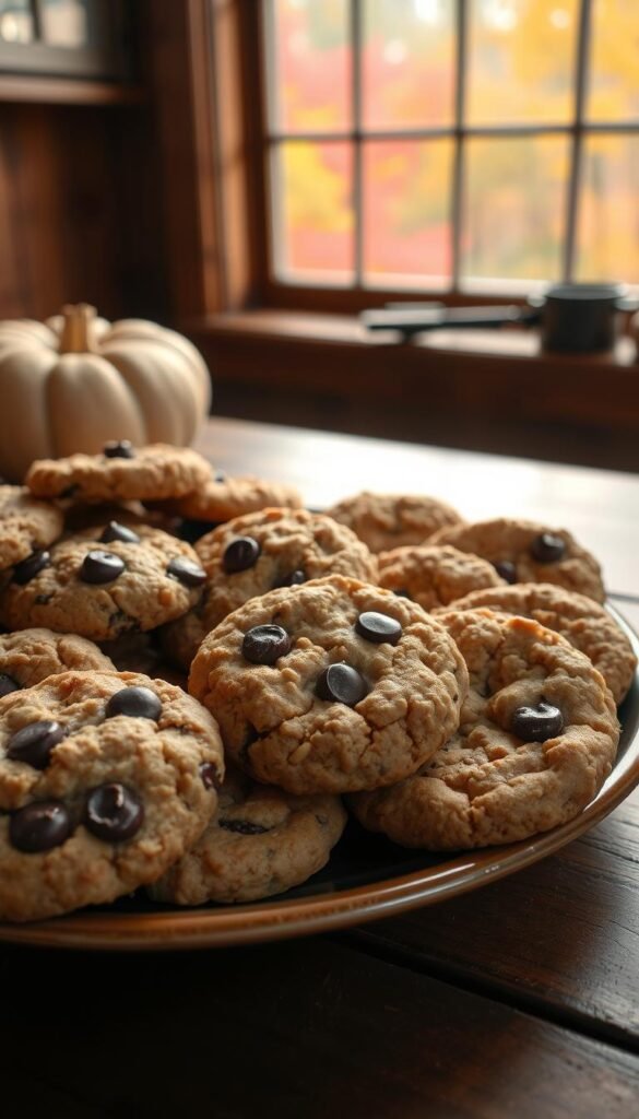 A plate of freshly baked cookies, golden-brown and glistening, sitting on a rustic wooden table. Plump chocolate chip, chewy oatmeal raisin, and buttery shortbread cookies arranged in an enticing display, their aroma wafting through the cozy kitchen. Soft lighting casts a warm glow, highlighting the inviting texture of the treats. In the background, a window overlooks a scenic autumn landscape, the trees outside ablaze with vibrant reds, oranges, and yellows. The overall scene evokes a sense of comfort, nostalgia, and the irresistible charm of homemade baked goods during the cozy fall season.