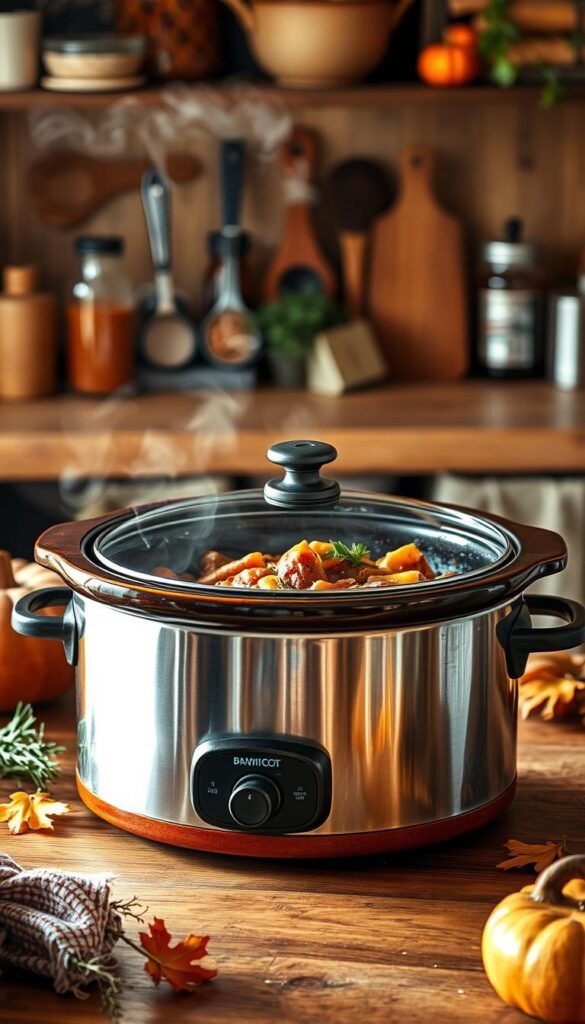 A rustic, earthenware slow cooker sits center stage, its gleaming stainless steel exterior reflecting the warm, cozy kitchen lighting. The slow cooker is filled with a hearty, aromatic stew, steam gently rising from the lid. In the background, a wooden kitchen counter is adorned with assorted spices, herbs, and a few choice ingredients, hinting at the flavorful dish within. The scene exudes a sense of effortless, homey elegance, perfect for a relaxed autumn gathering or cozy holiday party.