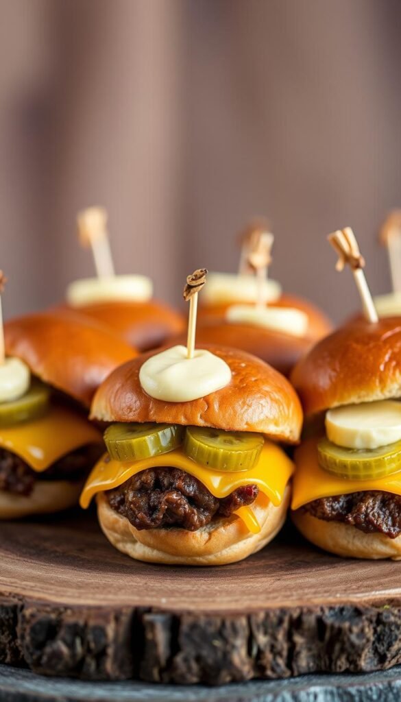 A scrumptious arrangement of bite-sized beef sliders, nestled atop a rustic wooden surface. The sliders are adorned with melted cheddar cheese, crisp dill pickles, and a dollop of tangy mustard, creating a mouthwatering display. The lighting is warm and inviting, casting a soft glow that enhances the rich colors of the ingredients. In the background, a neutral, slightly blurred setting suggests a casual, tailgating atmosphere, perfect for sharing these delectable mini-burgers with friends and family. The composition is balanced, with the sliders taking center stage, beckoning the viewer to indulge in this satisfying and portable feast.
