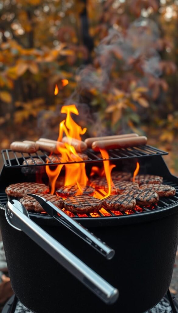 A sizzling charcoal grill set against a backdrop of autumn foliage, its grates laden with juicy burgers and hot dogs. The flames lick up from the glowing embers, casting a warm, amber glow across the scene. In the foreground, a pair of tongs and a spatula lie ready, the metal gleaming under the soft, diffused lighting. The air is thick with the enticing aroma of grilled meats, mingling with the crisp, earthy scents of the fall season. A sense of camaraderie and anticipation hangs in the atmosphere, as friends and family gather around the fire to share in the joy of tailgating and holiday celebrations.