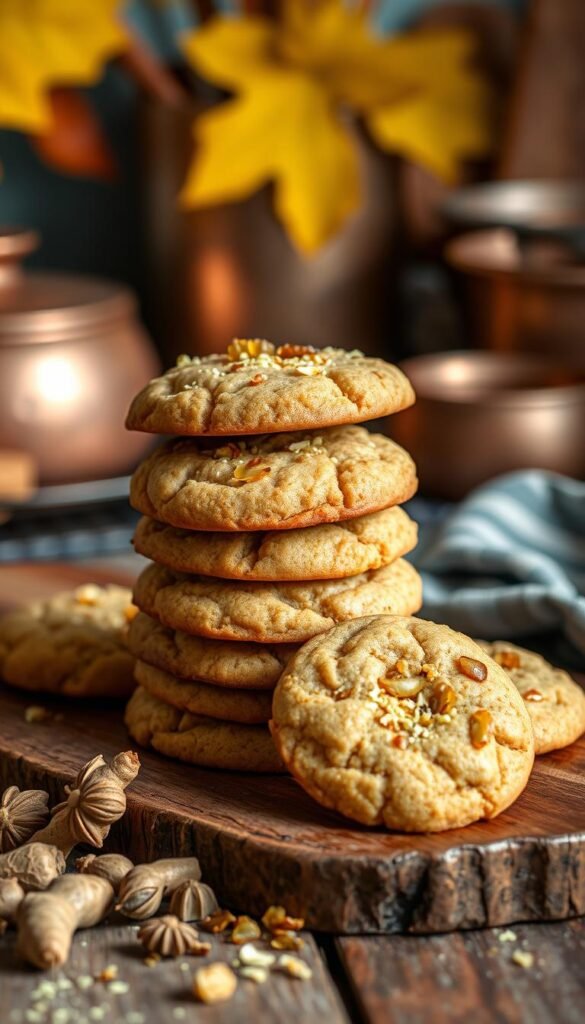 A stack of freshly baked cardamom ginger cookies, their warm, golden-brown tops sprinkled with crushed cardamom pods and crystallized ginger pieces. The cookies are artfully arranged on a rustic wooden board, with a few scattered ingredients in the foreground, such as whole cardamom pods and grated ginger. The background is softly blurred, hinting at a cozy, autumnal kitchen setting with hints of copper pots and a warm, earthy palette. The lighting is soft and diffused, creating a inviting, homey atmosphere. The cookies are photographed from a slightly elevated angle, showcasing their delicate texture and mouthwatering appearance.