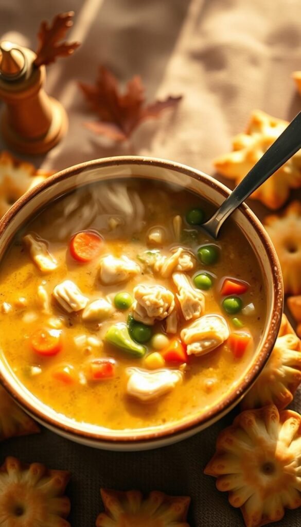 A steaming bowl of chicken pot pie soup, with a rich, creamy broth filled with tender chicken, diced carrots, celery, and peas. Delicate pastry dippers, shaped like miniature pie crusts, are arranged around the bowl, ready to be dipped into the savory goodness. The scene is bathed in warm, golden light, casting a cozy, autumn-inspired atmosphere. The composition is arranged in a classic still-life style, with the bowl and dippers set against a subtly textured background, allowing the hearty soup to take center stage. This image perfectly captures the comforting essence of the "Chicken Pot Pie Soup with Pie-Crust Dippers" section of the article.