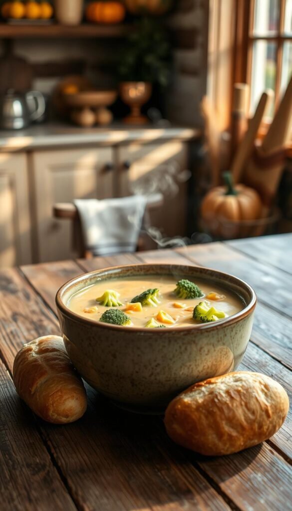 A steaming bowl of creamy broccoli cheddar soup, the vibrant green florets floating in a rich, velvety broth. The bowl is set on a rustic wooden table, a crusty bread roll nestled beside it. Soft natural lighting filters in through a nearby window, casting a warm glow over the scene. The soup's aroma wafts through the air, inviting the viewer to take a sip of the comforting, fall-inspired dish. In the background, a cozy, autumn-themed kitchen, with earthy tones and a hint of copper accents, completes the homely, appetizing tableau.