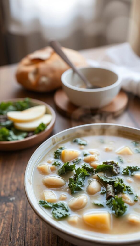 A steaming bowl of kale, apple, and white bean soup on a rustic wooden table, with soft natural lighting casting a warm glow. In the foreground, the creamy broth is dotted with tender chunks of white beans and crisp apple slices, garnished with vibrant green kale leaves. The middle ground features a crusty artisanal bread loaf and a simple ceramic bowl, hinting at the comforting, homemade nature of the dish. The background is softly blurred, emphasizing the focus on the soup's texture and flavors. The overall scene evokes a cozy, autumnal atmosphere, perfect for a nourishing and satisfying fall lunch.
