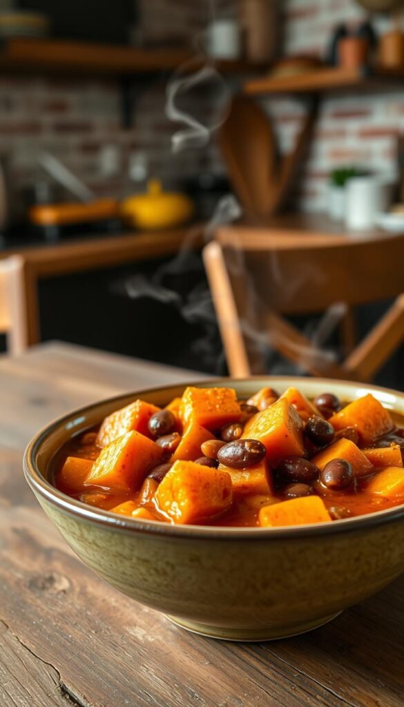 A steaming bowl of sweet potato chili, its rich, vibrant orange hue contrasting against the earthy tones of the beans and warm spices. In the foreground, thick-cut sweet potato chunks and kidney beans mingle in a gently simmering, tomato-based broth, seasoned with a blend of chili powder, cumin, and smoked paprika. Wisps of steam rise from the bowl, hinting at the comforting aroma of the dish. The middle ground features a rustic wooden table, its weathered surface providing a natural backdrop. In the background, a cozy, inviting kitchen setting, with exposed brick walls and a hint of natural light filtering in, creating a warm, homey atmosphere. The overall composition evokes the essence of a hearty, autumnal meal, perfect for a chilly day.