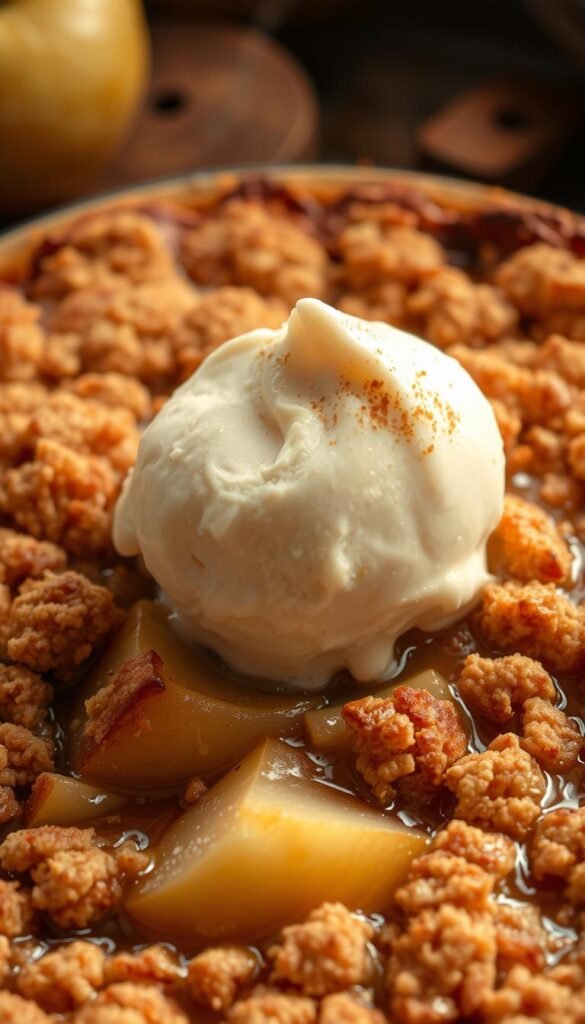 A steaming, freshly baked pear crumble, its golden-brown crust glistening under soft, warm lighting. The juicy pear slices peeking through the crunchy, buttery topping, surrounded by a swirl of cinnamon-infused syrup. A scoop of creamy vanilla ice cream melts deliciously over the top, creating a perfect contrast of textures and temperatures. The scene is captured from a slightly elevated angle, inviting the viewer to savor the irresistible autumn aroma and indulge in this comforting dessert. The focus is sharp on the crumble, with a softly blurred background hinting at a cozy, rustic setting perfect for a family gathering or holiday celebration.
