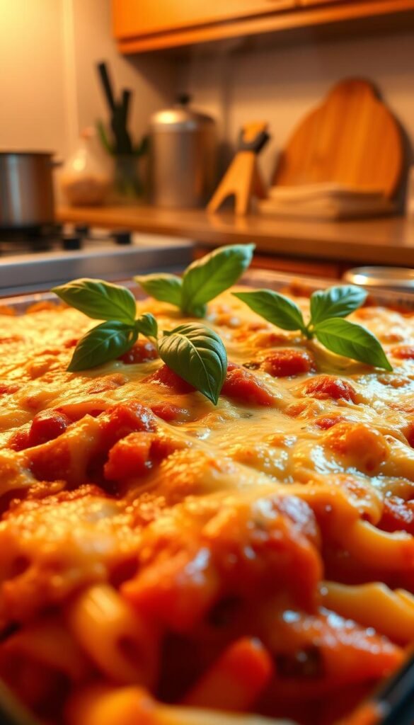 A steaming, freshly baked ziti dish, its golden-brown cheese topping bubbling and glistening under the warm, soft lighting of a cozy kitchen. The pasta is perfectly al dente, enveloped in a rich, tomato-based sauce that has simmered to perfection. Sprigs of fragrant, fresh basil are delicately arranged atop the casserole, adding a vibrant pop of color and aroma. The scene is captured from a slightly elevated angle, showcasing the layers of noodles, cheese, and sauce in all their comforting, homemade glory. The atmosphere is one of warmth, comfort, and the welcoming aromas of a satisfying, home-cooked meal.