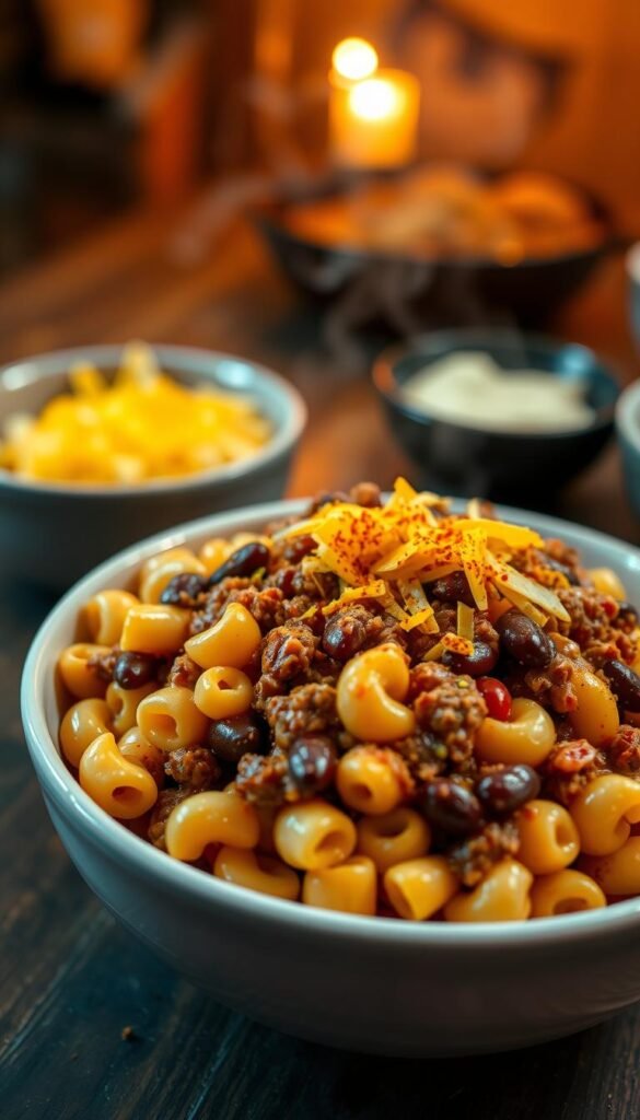A steaming, hearty bowl of chili mac and cheese, the ultimate comfort food. In the foreground, elbow macaroni is coated in a rich, creamy cheese sauce, punctuated by savory ground beef and kidney beans in a bold, smoky chili. The middle ground features a sprinkle of shredded cheddar cheese and a dusting of paprika, adding vibrant color and texture. In the background, the bowl rests on a rustic wooden table, with a backdrop of warm, inviting lighting that casts a cozy glow, evoking the perfect fall evening meal. The scene is photographed from a low angle, emphasizing the abundance and depth of this satisfying dish.