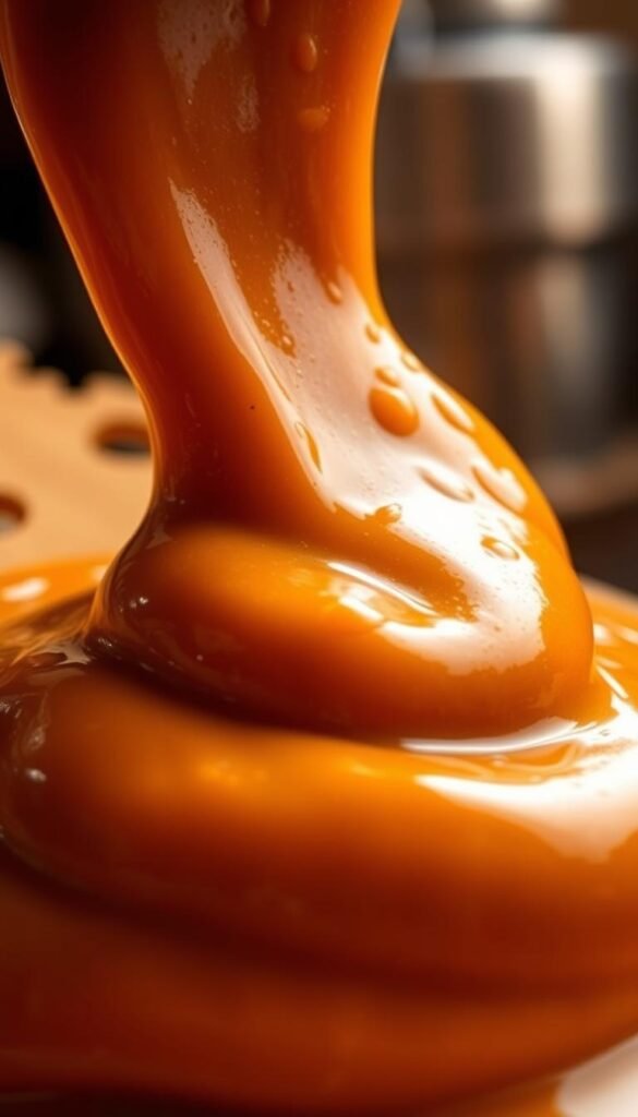 A thick, creamy sauce with a rich, glossy sheen, glistening in the warm, soft lighting of a cozy kitchen. The sauce swirls and drips seductively, begging to be dipped, drizzled, or dolloped onto a variety of savory tailgate treats. The deep, earthy hues of the sauce evoke the comforting flavors of autumn, perfect for elevating game-day bites and holiday hors d'oeuvres. Captured from a low angle, the sauce fills the frame, its texture and viscosity tantalizingly apparent, promising to elevate every bite with its robust, flavorful presence.