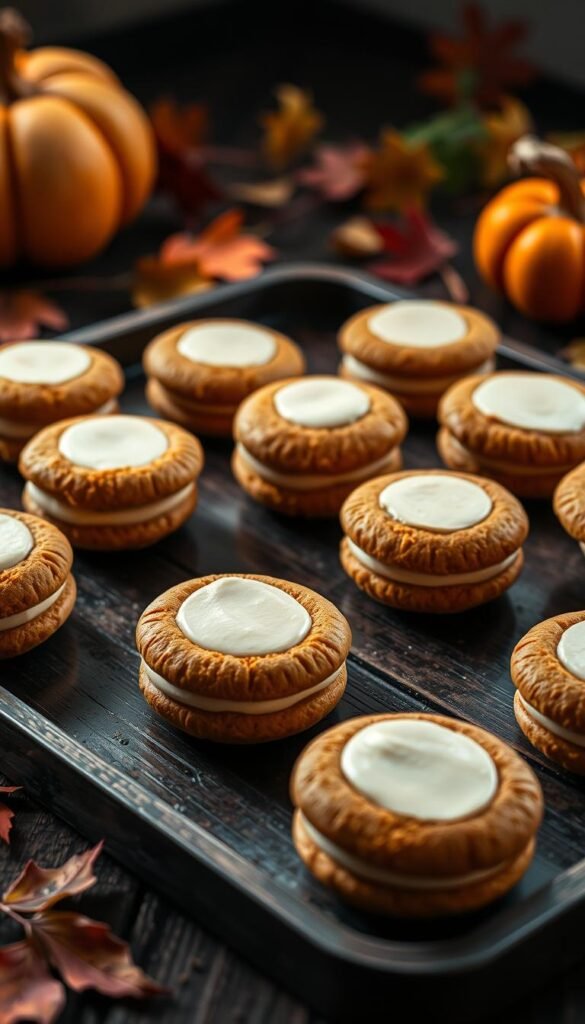 A tray of delectable mini pumpkin whoopie pies, each one a perfectly symmetrical soft pumpkin cake sandwiched between two fluffy cream cheese frosting layers. The pies are arranged in a rustic, casual manner on a dark wooden surface, with hints of autumn leaves and seasonal flora scattered around. Soft, warm lighting from an overhead source casts a cozy, inviting glow, casting gentle shadows that accentuate the textured surfaces. The image has a shallow depth of field, keeping the pies in sharp focus while the background is slightly blurred, emphasizing the delectable treats. An autumnal, comforting atmosphere pervades the scene, evoking the spirit of the cozy holiday season.