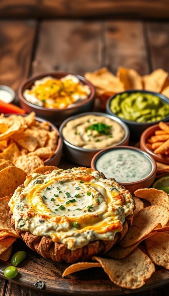 A vibrant and appetizing display of various dips and accompanying snacks set against a rustic wooden table. In the foreground, a creamy, luscious artichoke dip with a golden-brown crust, surrounded by crisp pita chips and fresh veggies. In the middle ground, a steaming, bubbly cheese dip with melted cheddar and a sprinkle of chives, paired with crunchy tortilla chips. In the background, a cool and refreshing guacamole dip, its vibrant green hue complemented by salty tortilla strips. Warm, indirect lighting casts a cozy glow over the scene, evoking the welcoming atmosphere of a lively tailgate party or holiday gathering.