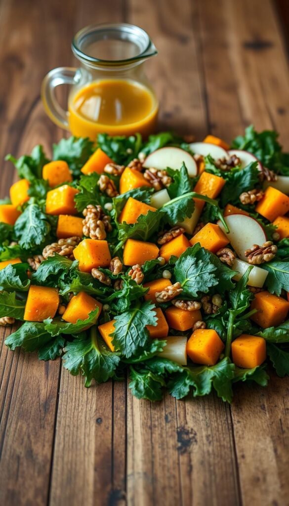 A vibrant autumn salad, its ingredients artfully arranged on a wooden table. In the foreground, a bed of fresh spinach and kale, their deep green hues complemented by the warm orange tones of roasted butternut squash cubes. Sliced apples and toasted walnuts add pops of color and texture. A pitcher of cider vinaigrette, its amber liquid gleaming in the soft, natural lighting, stands ready to dress the salad. The composition is balanced, the colors vibrant, evoking the cozy, harvest-time mood of the season. The image is captured with a wide-angle lens, emphasizing the rustic setting and creating an inviting, appetizing scene.