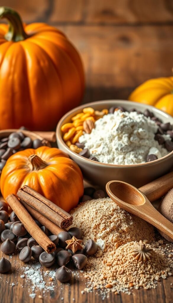 A vibrant still life composition showcasing an assortment of pumpkin spice and chocolate chip cookie ingredients. In the foreground, a variety of baking essentials are arranged artfully - plump pumpkin puree, semisweet chocolate chips, cinnamon sticks, a pinch of nutmeg, and a wooden spoon. In the middle ground, a delicate ceramic bowl holds a pile of all-purpose flour, brown sugar, and baking soda. The background features a rustic wooden surface, bathed in warm, golden lighting, creating a cozy, autumnal atmosphere. The overall scene evokes the comforting flavors and textures of the perfect fall and winter cookie.