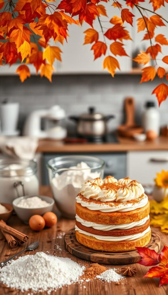 A warm and cozy kitchen setting, with an autumnal backdrop of vibrant orange and yellow leaves framing the scene. In the foreground, a beautifully decorated fall-inspired cake sits on a wooden table, its layers adorned with swirls of creamy frosting and dusted with cinnamon and nutmeg. Surrounding the cake are various baking ingredients - flour, sugar, eggs, and a variety of spices - hinting at the process of adapting the recipe to accommodate different dietary needs. Soft, diffused lighting illuminates the scene, creating a sense of comfort and homeliness. The overall atmosphere evokes the spirit of the fall season and the joy of baking.