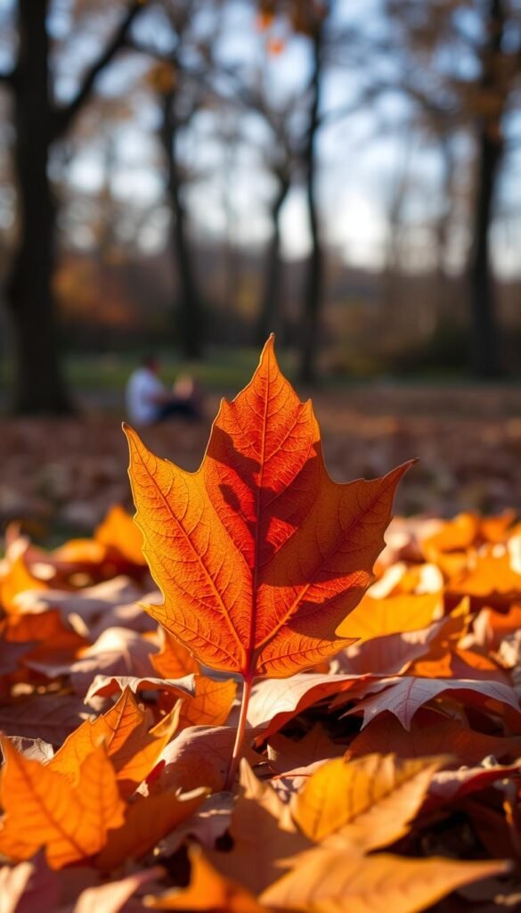 A warm, autumn-hued close-up of a fresh maple leaf, its intricate veins and deep burgundy hues illuminated by soft, golden lighting. The leaf sits atop a bed of fallen maple leaves in shades of ochre, crimson, and amber, creating a cozy, nostalgic atmosphere. In the background, a hint of a wooded landscape in the distance, the trees' branches swaying gently. The overall mood is one of comfort, coziness, and the inviting essence of the fall season.