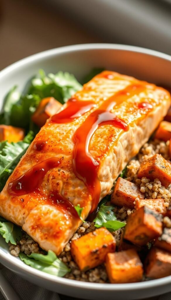 Beautifully seared salmon fillet, drizzled with a rich, glossy apple cider glaze, resting atop a bed of mixed greens, roasted sweet potato cubes, and quinoa. Soft, natural lighting illuminates the scene, casting a warm, autumnal glow. The salmon's surface glistens, its delicate flakes contrasting with the vibrant greens and earthy tones of the accompaniments. The composition is balanced, the focus drawn to the main dish, showcasing its mouth-watering appeal. This wholesome, fall-inspired meal prep bowl evokes feelings of comfort and nourishment, perfect for a satisfying lunch on a crisp autumn day.