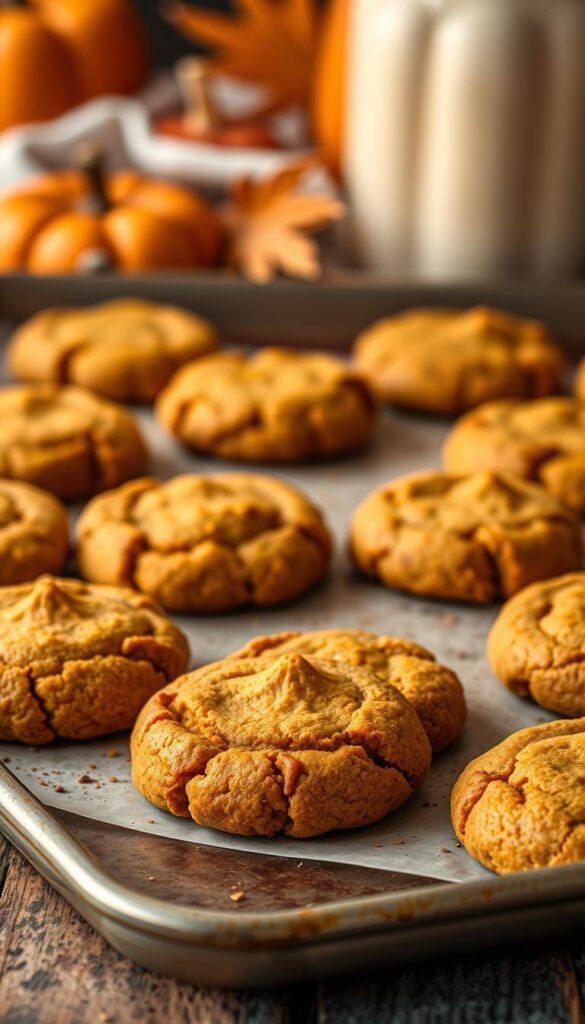 Classic pumpkin cookies on a baking sheet