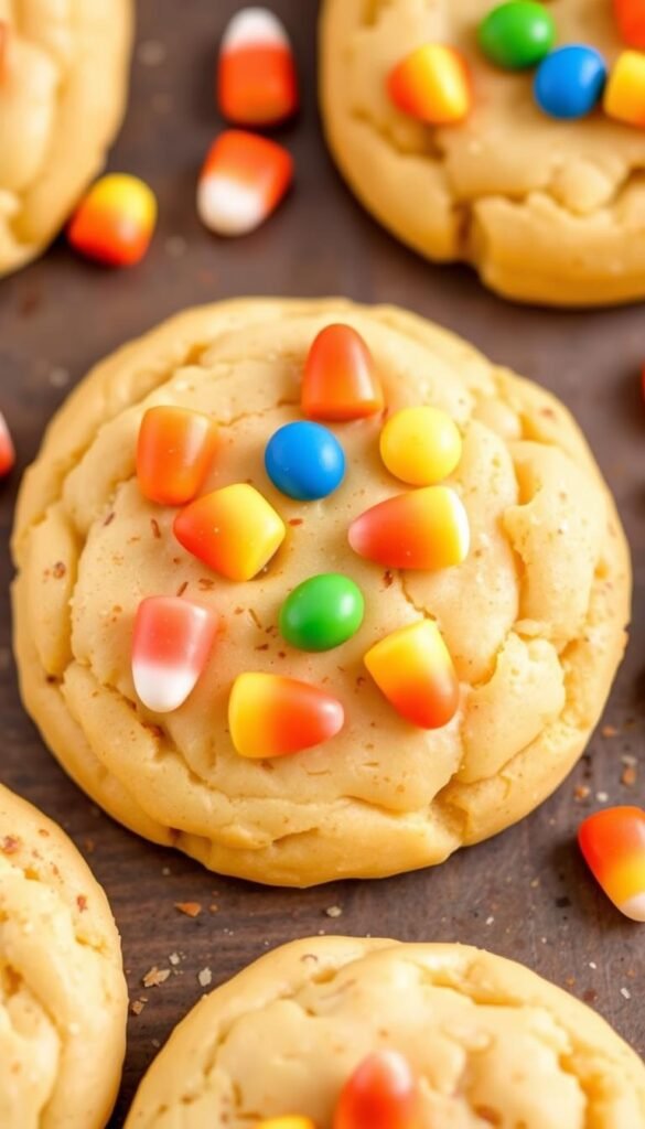 Create an image of a Candy Corn Cookie with a few candy corn pieces on top.