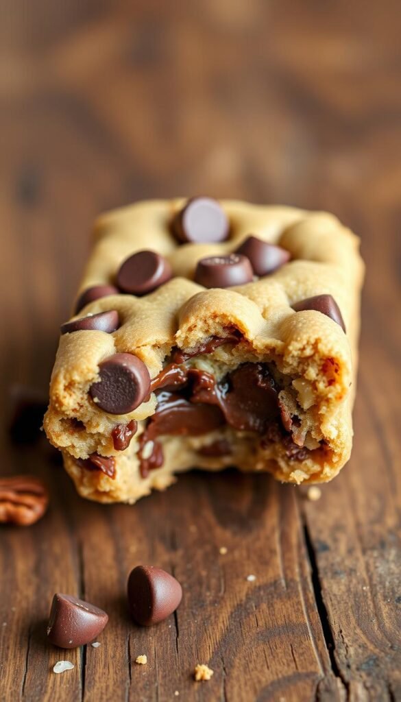 Create an image of a Cowboy Cookie Bar with a bite taken out, showing the gooey chocolate chips and nuts.