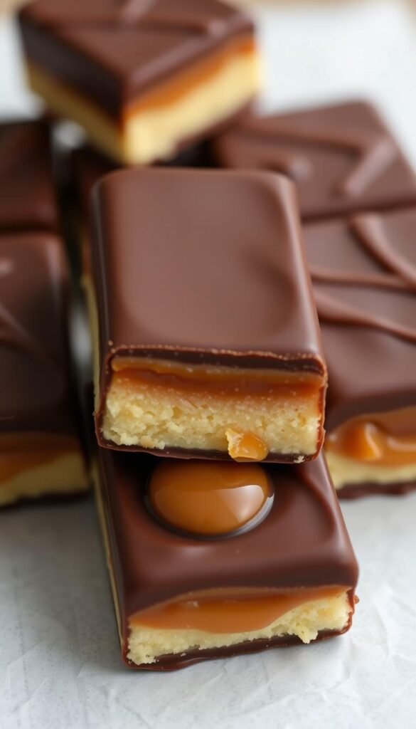Create an image of a Millionaire's Shortbread bar with a layer of caramel and chocolate on top.