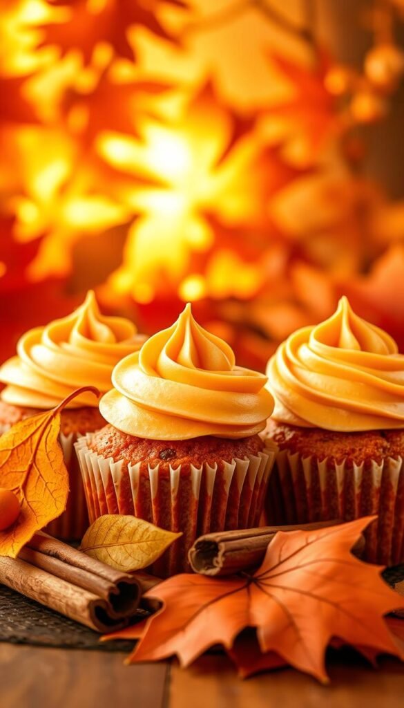 Delectable sweet potato cupcakes, crowned with creamy swirls of frosting, nestled against a backdrop of autumn foliage. Warm lighting casts a golden glow, highlighting the rich, vibrant hues of the desserts. Decorative leaves and cinnamon sticks add a touch of rustic elegance, evoking the cozy, comforting flavors of the season. The cupcakes are positioned to showcase their tempting appearance, inviting the viewer to indulge in this decadent Thanksgiving-inspired treat.