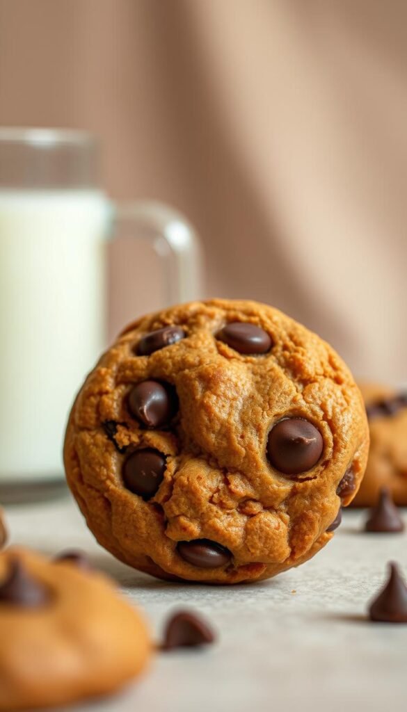 Detailed, close-up shot of a homemade pumpkin chocolate chip cookie, captured with a macro lens in soft, warm lighting. The texture should be the focal point, showcasing the delicate, melt-in-your-mouth crumb, the subtle pumpkin spice notes, and the gooey, melted chocolate chips. The cookie should be set against a neutral, slightly out-of-focus background to emphasize the tactile quality of the surface. Subtle shadows and highlights should accentuate the cookie's dimensional, cakey structure. The overall mood should be cozy, autumnal, and inviting, capturing the essence of a perfectly baked pumpkin cookie.