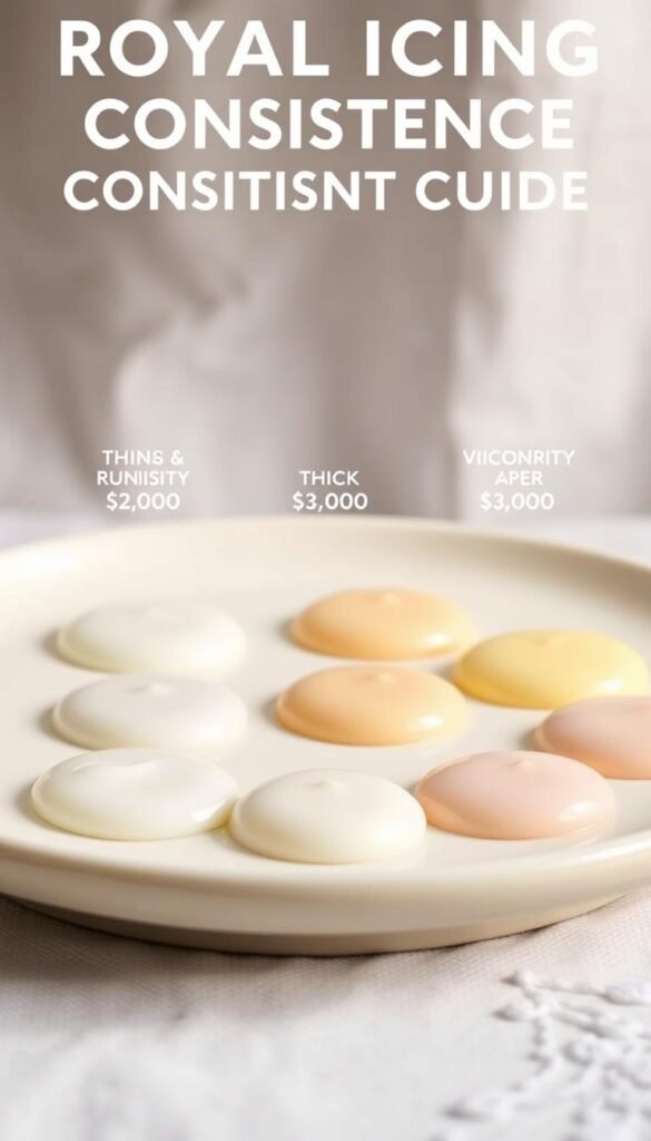 Detailed, high-resolution image of a royal icing consistency guide. Foreground features a light-colored ceramic plate or saucer with various pools of royal icing at different viscosity levels. Icing shades range from thin and runny to thick and glossy. Backlit from behind with soft, even lighting to highlight the icing's texture and flow. Middle ground shows a neutral background, perhaps linen or wood, to provide visual contrast. Background is slightly blurred, keeping the focus on the icing. Photograph captured at a slight angle to create depth and dimension. Conveys a sense of artisanal baking, precise measurement, and the importance of icing consistency for decorative cookie making.