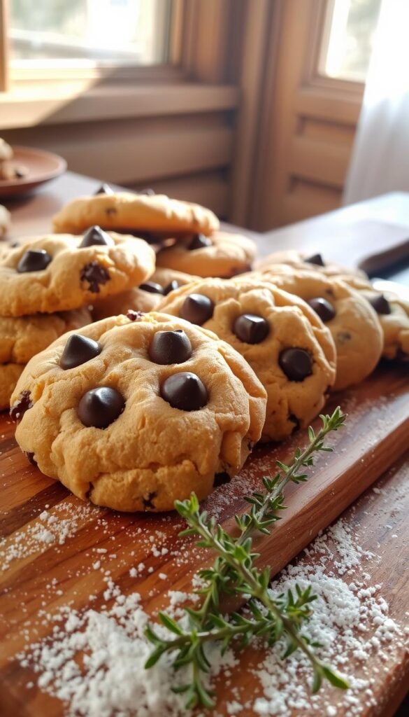 Freshly baked chocolate chip cookies, arranged artfully on a rustic wooden serving board. The cookies have a warm, golden-brown hue, with melted chocolate chips peeking through the soft, buttery dough. Sunlight filters in through a nearby window, casting a cozy glow and creating delicate shadows that accentuate the cookies' texture. In the foreground, a sprinkling of powdered sugar and a few sprigs of fresh thyme add a delightful finishing touch, hinting at the perfect pairing of savory and sweet. The overall scene evokes a sense of autumn comfort and homemade indulgence, inviting the viewer to imagine the comforting aroma and satisfying flavors of these irresistible treats.