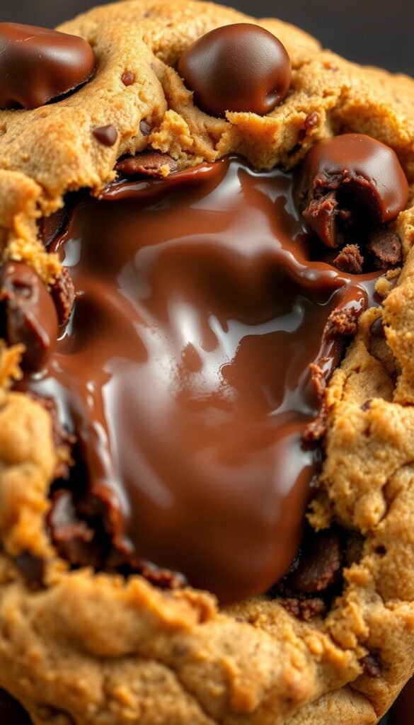 Generate an image of a Nutella-stuffed chocolate chip cookie with a gooey center.