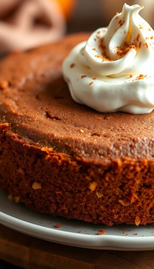 Generate an image of a Vermont spice pumpkin cake with a generous dollop of whipped cream and a sprinkle of cinnamon.