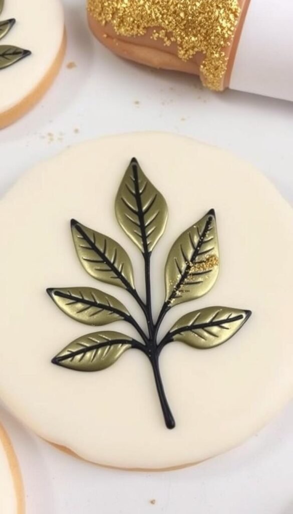 Generate an image of a cookie with a metallic leaf design using a stencil and edible gold dust.