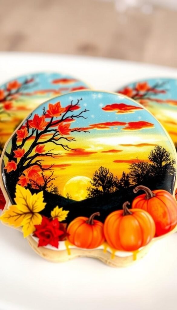 Generate an image of a cookie with an airbrushed autumn scene, including a sunset background and fall motifs.