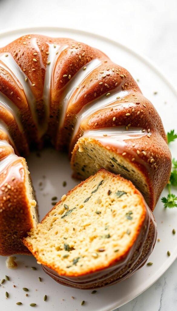 Generate an image of a coriander seed bundt cake, showcasing its moist texture and the subtle presence of coriander seeds.