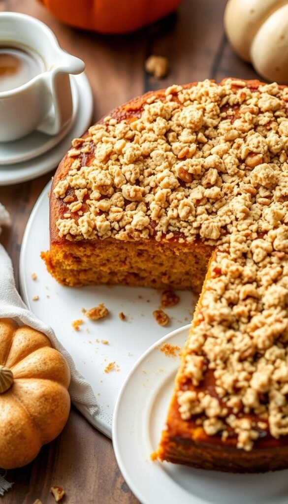 Generate an image of a moist pumpkin cardamom tea cake with a crumbly streusel topping and a warm, inviting glow.