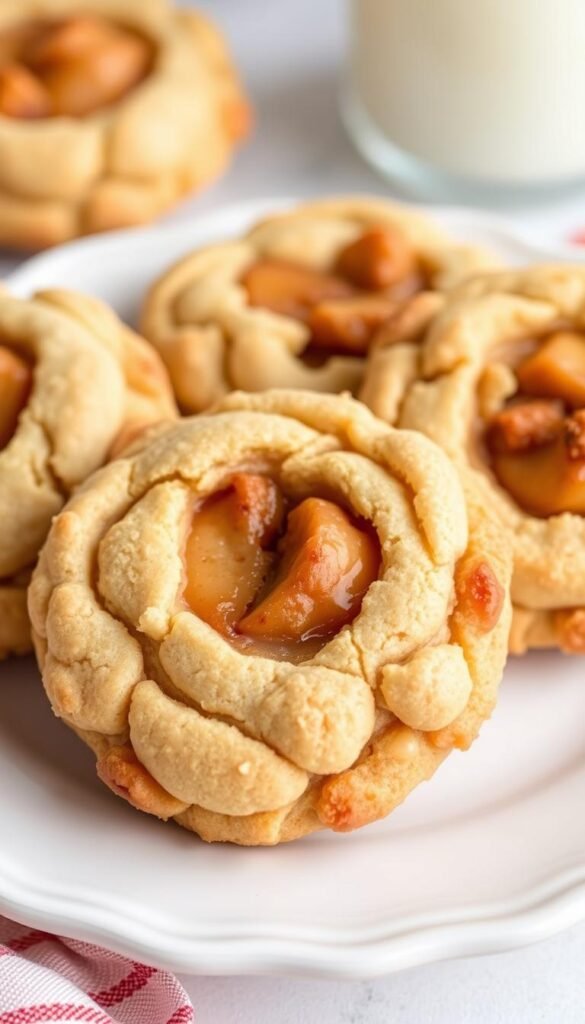Generate an image of a plate of apple pie cookies with a crumbly crust and spiced apple filling.