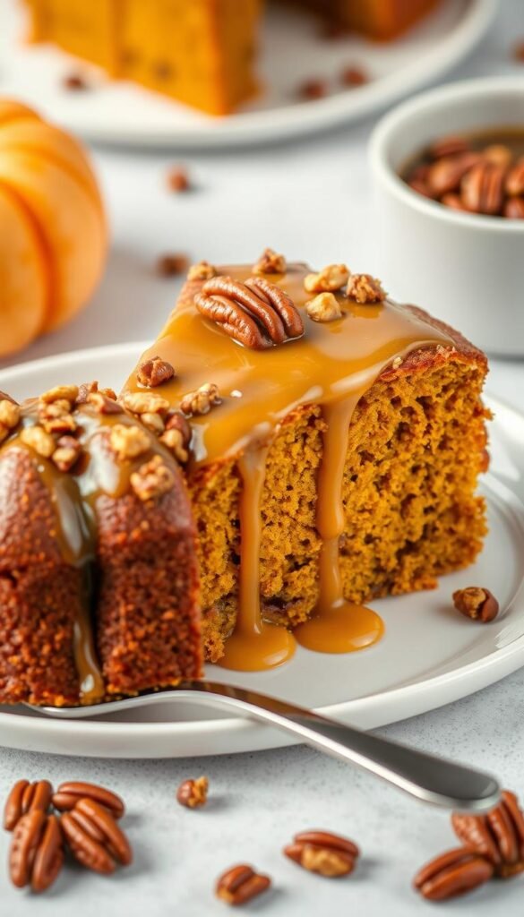 Generate an image of a pumpkin coffee cake with a rich maple glaze, topped with a crunchy pecan streusel.