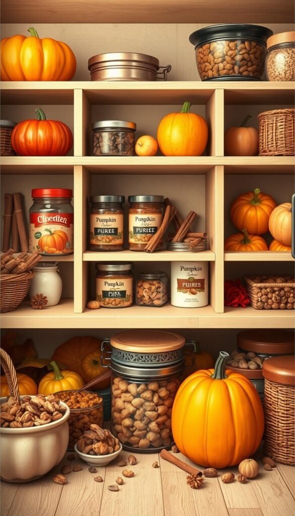 Generate an image of a well-stocked pantry with fall baking essentials like pumpkin purée, apples, cinnamon, and nuts.