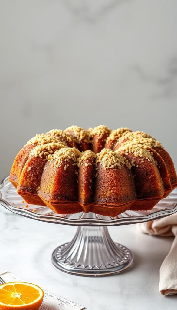 Generate an image of a whole orange bundt cake with a five-spice streusel topping, beautifully presented on a cake stand.